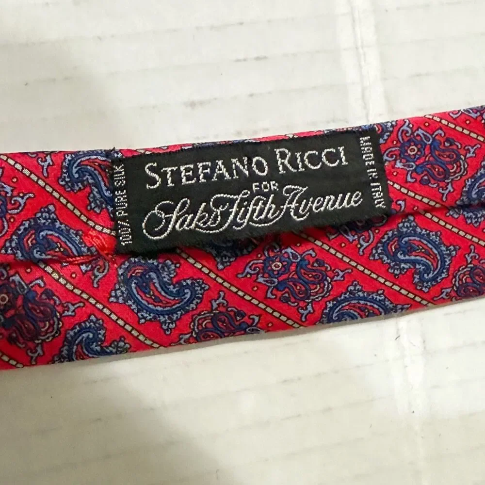 Stefano Ricci for Saks Fifth Avenue Tie Silk Vibrant Red Grid of Small Paisleys